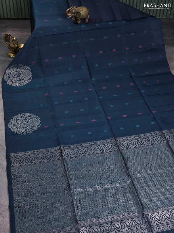 Pure soft silk saree dark peacock blue with zari woven buttas and long zari woven butta border