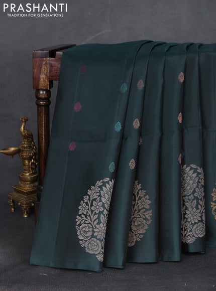 Pure soft silk saree dark peacock green with zari woven buttas and long zari woven butta border