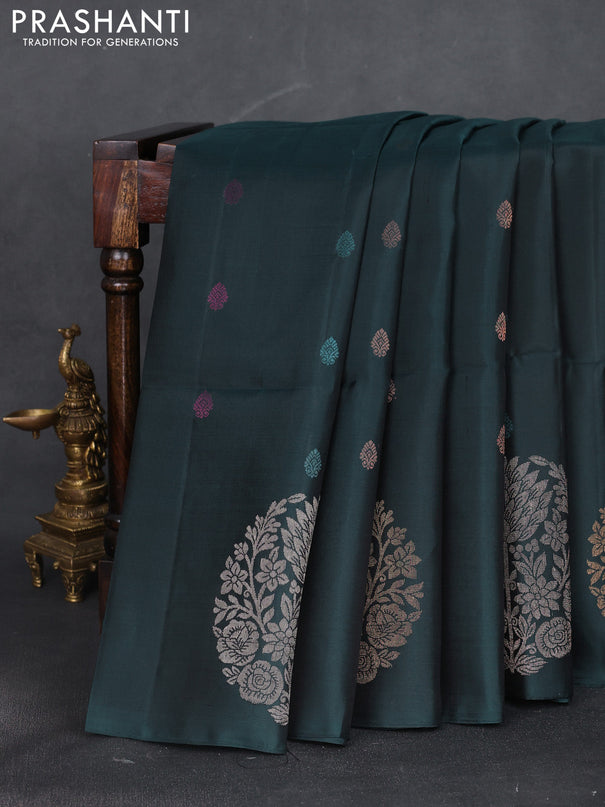 Pure soft silk saree dark peacock green with zari woven buttas and long zari woven butta border