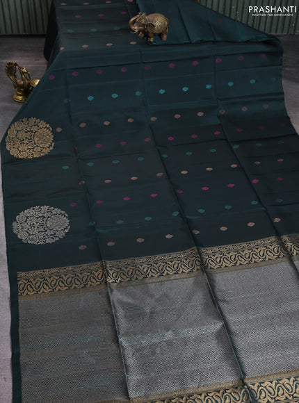 Pure soft silk saree dark peacock green with zari woven buttas and long zari woven butta border