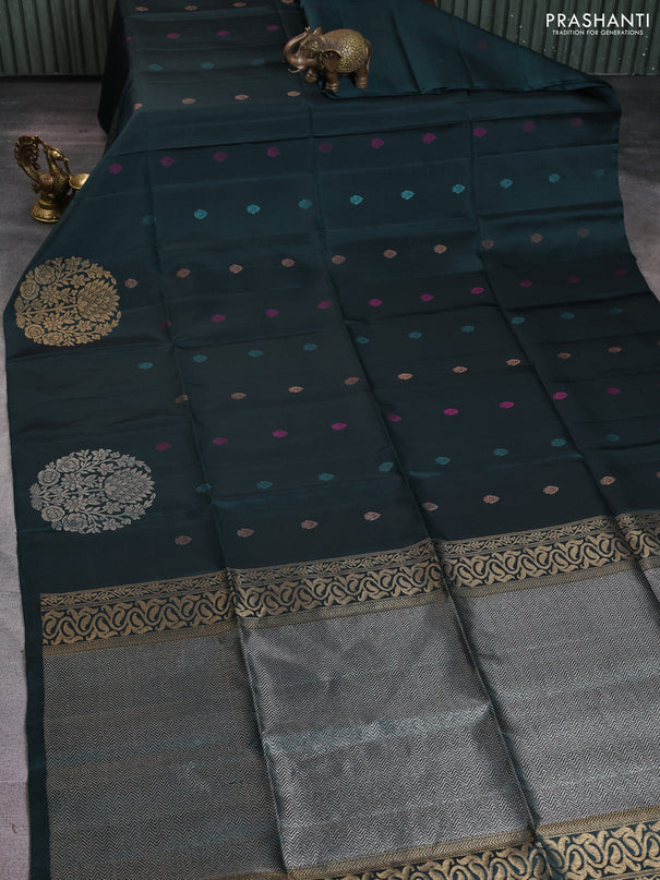 Pure soft silk saree dark peacock green with zari woven buttas and long zari woven butta border