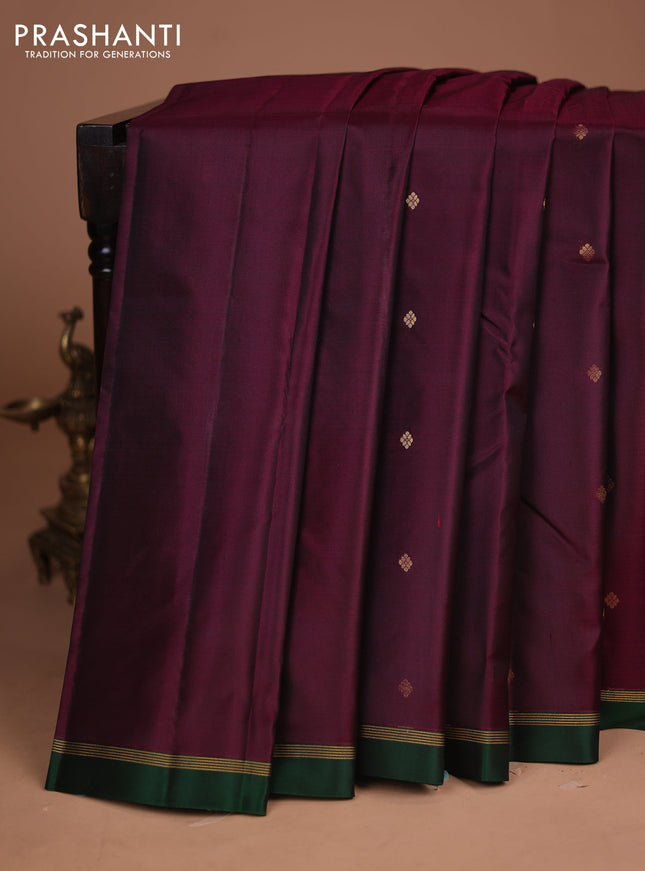Pure kanchipuram silk saree wine shade and green with zari woven buttas and zari woven simple border