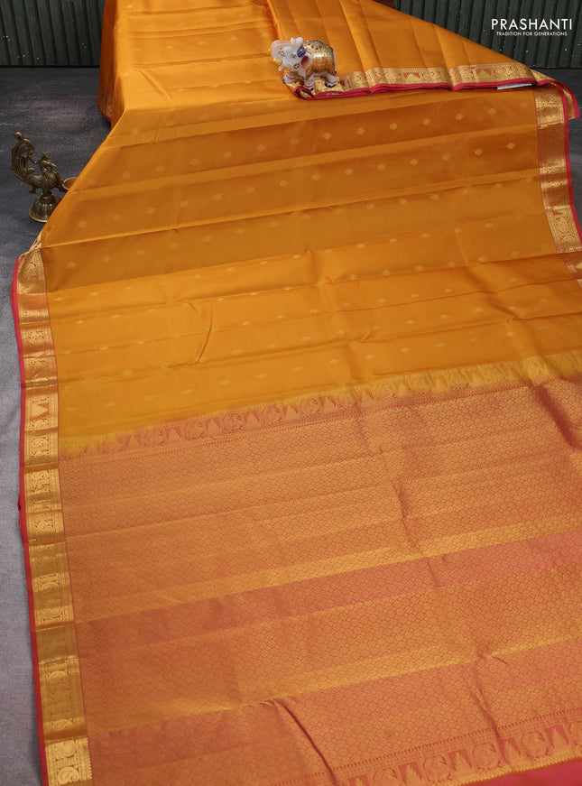 Pure kanchipuram silk saree mustard yellow and pink with zari woven buttas and zari woven border