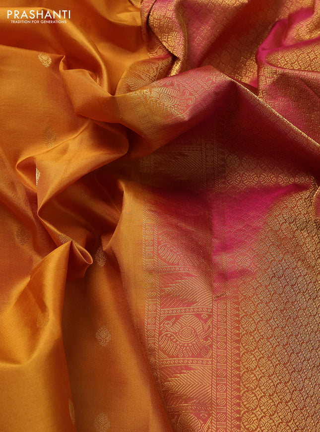 Pure kanchipuram silk saree mustard yellow and pink with zari woven buttas and zari woven border