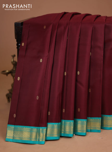 Pure kanchipuram silk saree coffee brown and teal green with zari woven buttas and zari woven korvai border