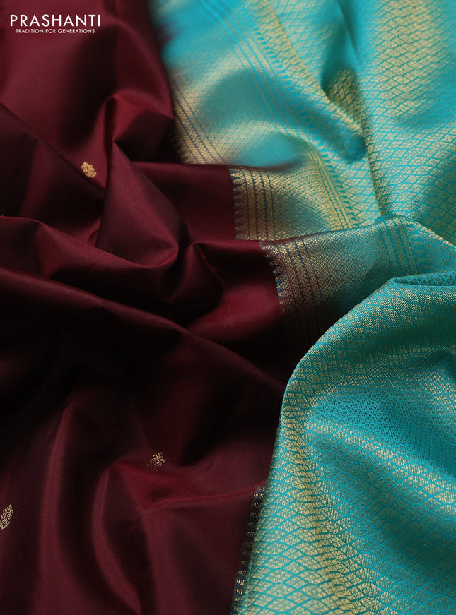 Pure kanchipuram silk saree coffee brown and teal green with zari woven buttas and zari woven korvai border
