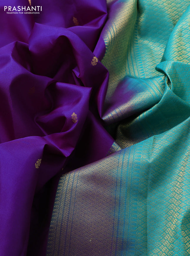 Pure kanchipuram silk saree purple and teal green with zari woven buttas and zari woven korvai border