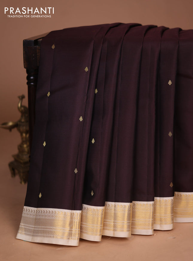 Pure kanchipuram silk saree coffee brown and cream with zari woven buttas and zari woven korvai border