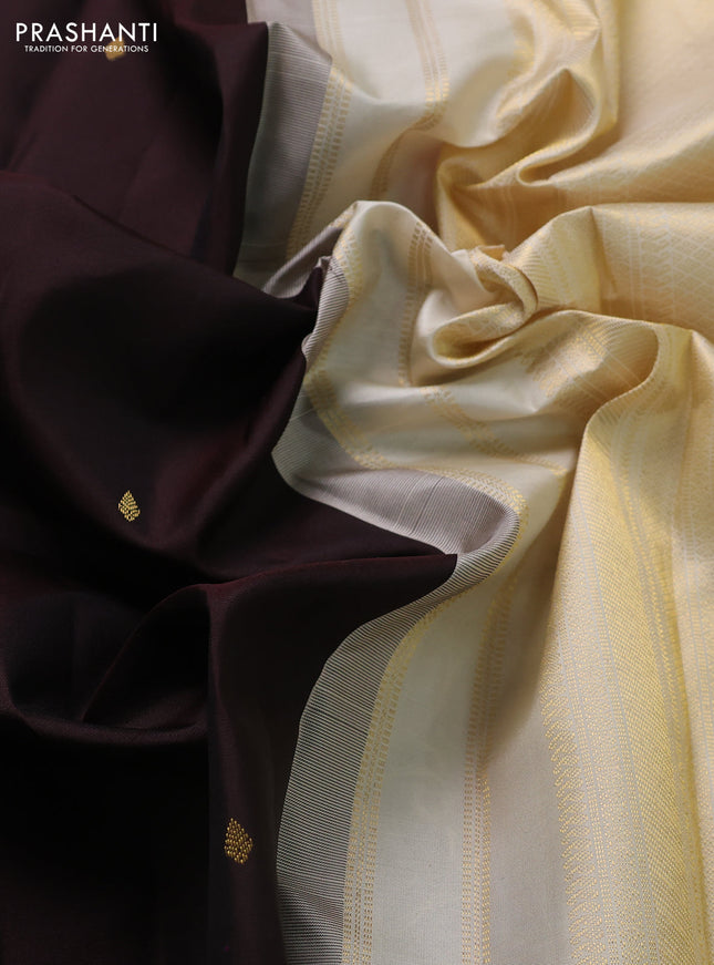 Pure kanchipuram silk saree coffee brown and cream with zari woven buttas and zari woven korvai border