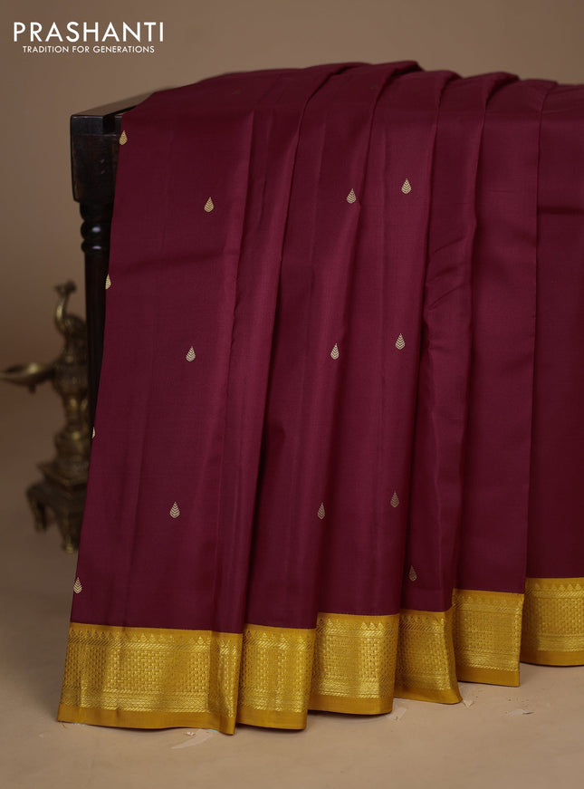 Pure kanchipuram silk saree deep maroon and mustard yellow with zari woven buttas and zari woven korvai border