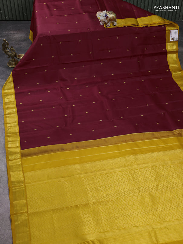 Pure kanchipuram silk saree deep maroon and mustard yellow with zari woven buttas and zari woven korvai border