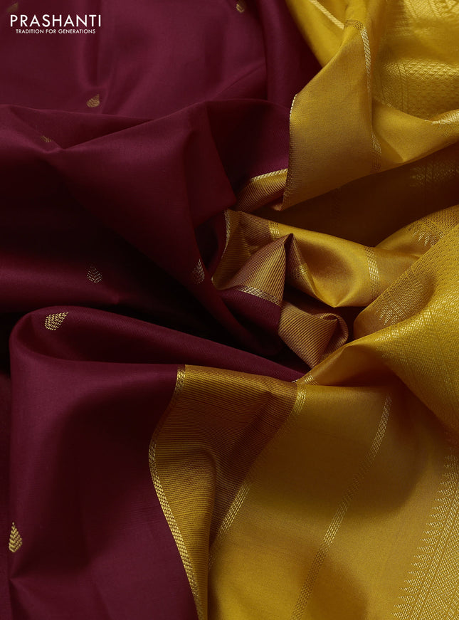 Pure kanchipuram silk saree deep maroon and mustard yellow with zari woven buttas and zari woven korvai border