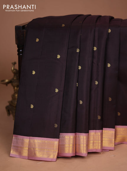 Pure kanchipuram silk saree coffee brown and peach pink with zari paisley buttas and zari woven korvai border