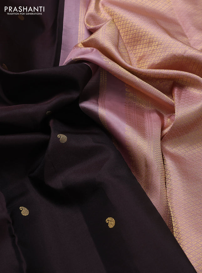 Pure kanchipuram silk saree coffee brown and peach pink with zari paisley buttas and zari woven korvai border