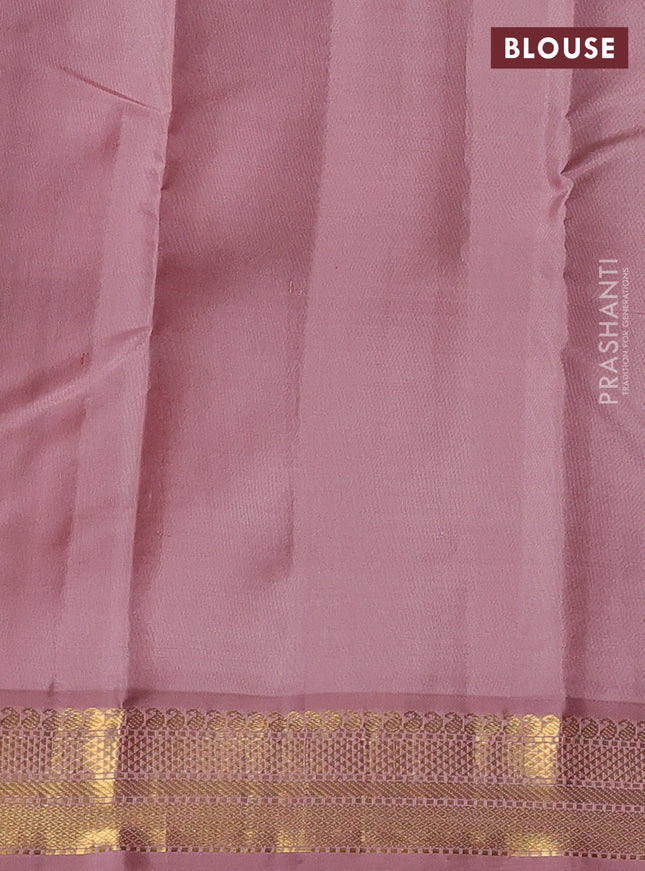 Pure kanchipuram silk saree coffee brown and peach pink with zari paisley buttas and zari woven korvai border