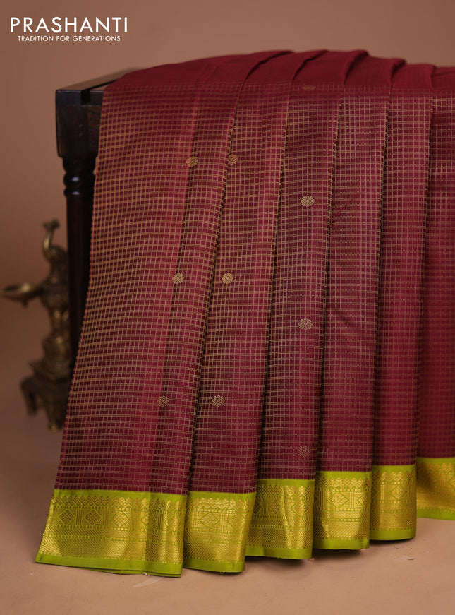 Pure kanchipuram silk saree wine shade and lime green with zari small checked pattern and zari woven korvai border