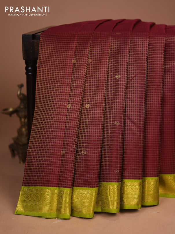 Pure kanchipuram silk saree wine shade and lime green with zari small checked pattern and zari woven korvai border