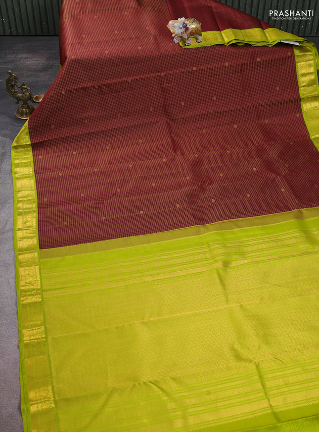 Pure kanchipuram silk saree wine shade and lime green with zari small checked pattern and zari woven korvai border