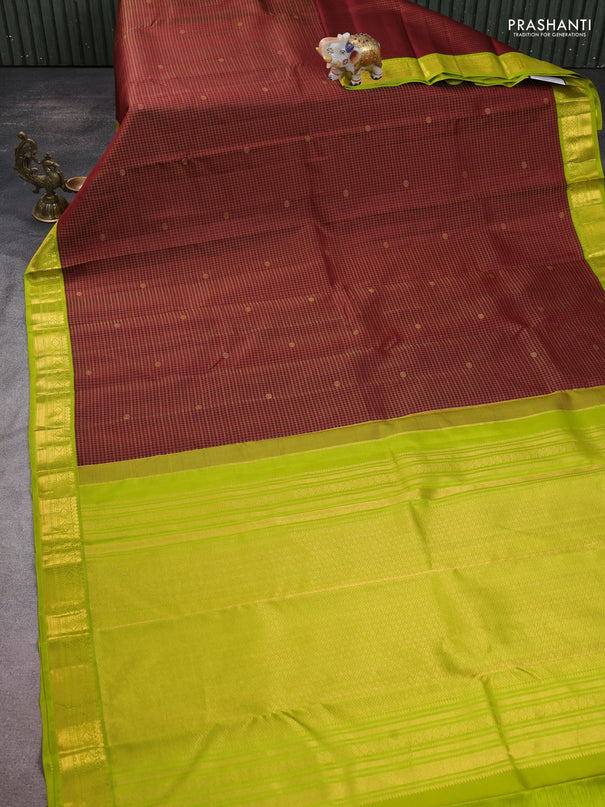 Pure kanchipuram silk saree wine shade and lime green with zari small checked pattern and zari woven korvai border