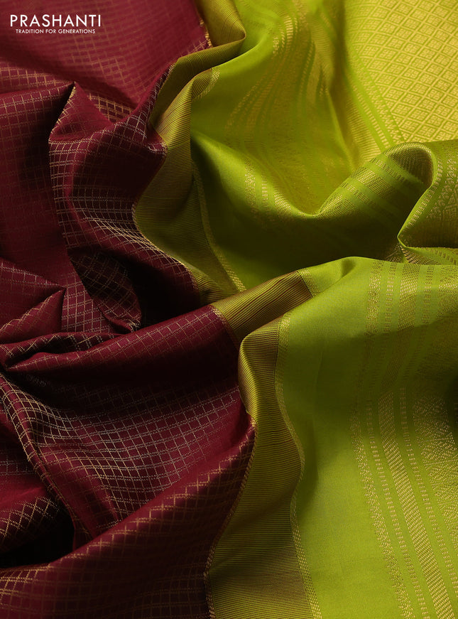 Pure kanchipuram silk saree wine shade and lime green with zari small checked pattern and zari woven korvai border
