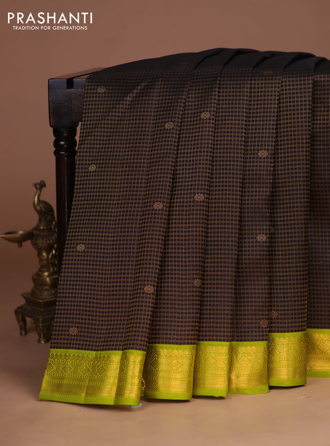 Pure kanchipuram silk saree deep coffee brown and lime green with allover small zari checks & buttas and zari woven korvai border
