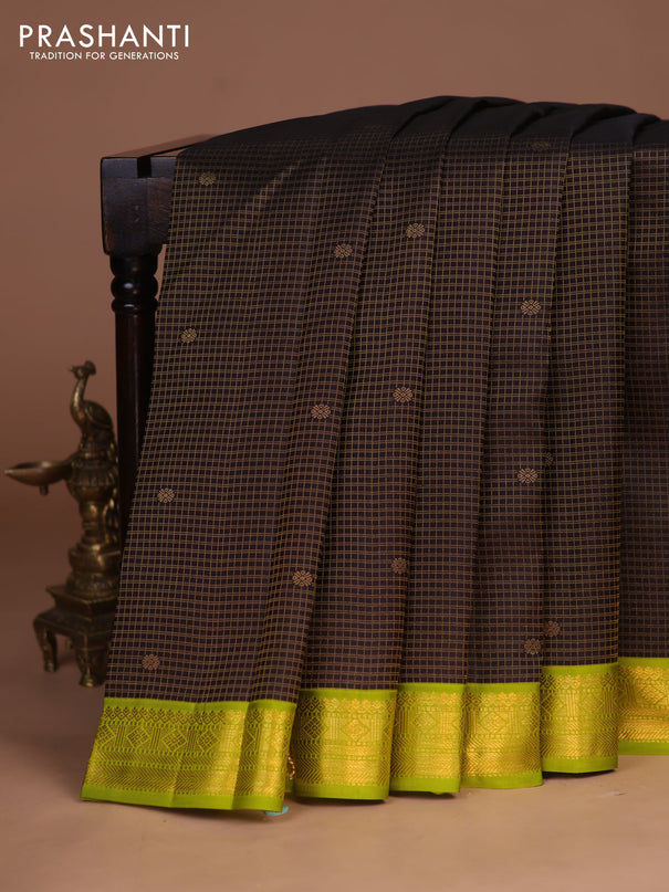 Pure kanchipuram silk saree deep coffee brown and lime green with allover small zari checks & buttas and zari woven korvai border