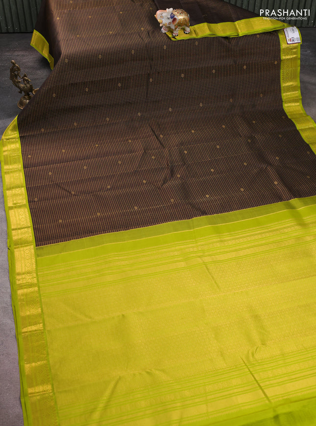 Pure kanchipuram silk saree deep coffee brown and lime green with allover small zari checks & buttas and zari woven korvai border