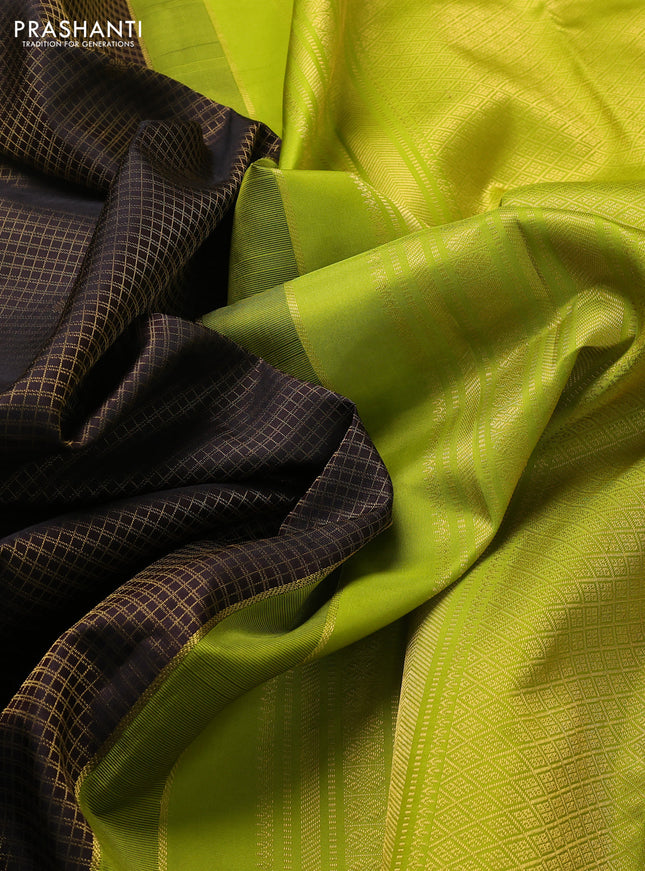 Pure kanchipuram silk saree deep coffee brown and lime green with allover small zari checks & buttas and zari woven korvai border