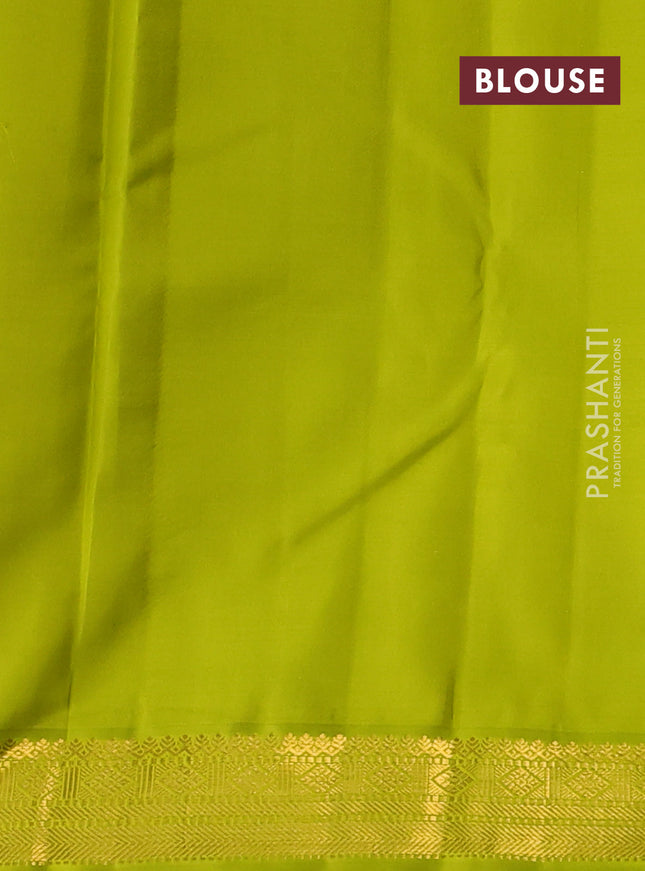 Pure kanchipuram silk saree deep coffee brown and lime green with allover small zari checks & buttas and zari woven korvai border