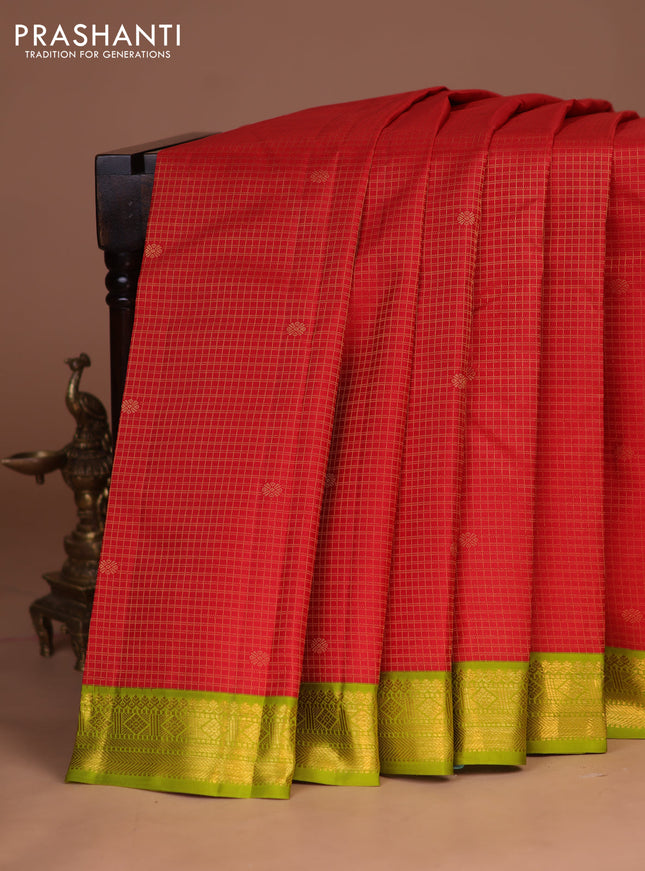 Pure kanchipuram silk saree red and lime green with allover small zari checks & buttas and zari woven korvai border