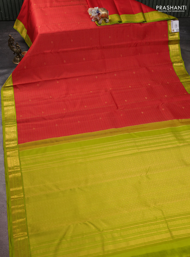 Pure kanchipuram silk saree red and lime green with allover small zari checks & buttas and zari woven korvai border