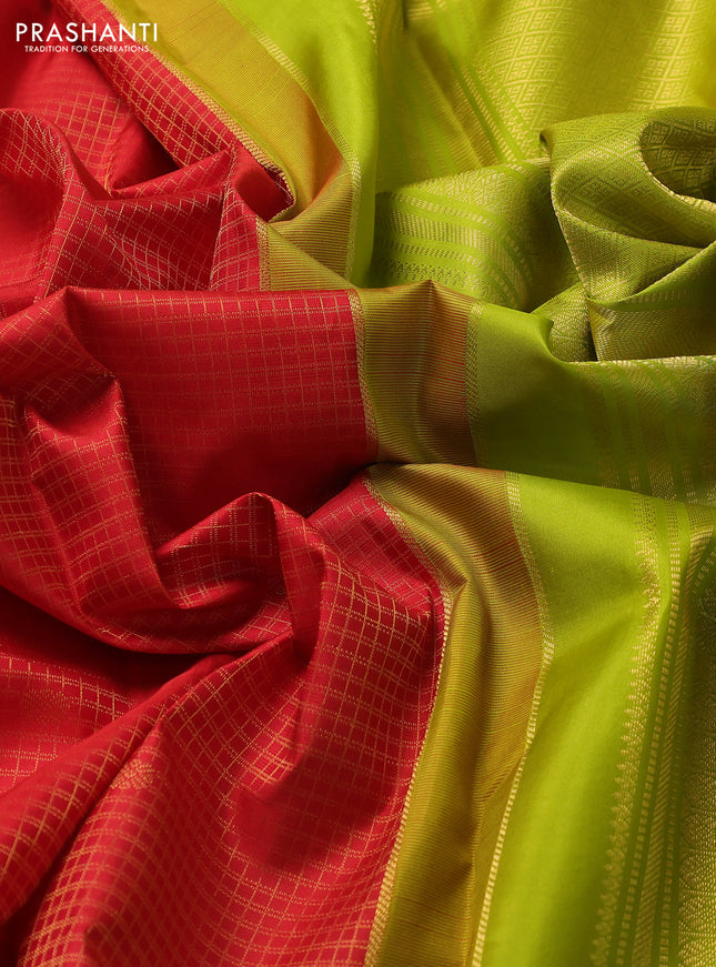 Pure kanchipuram silk saree red and lime green with allover small zari checks & buttas and zari woven korvai border