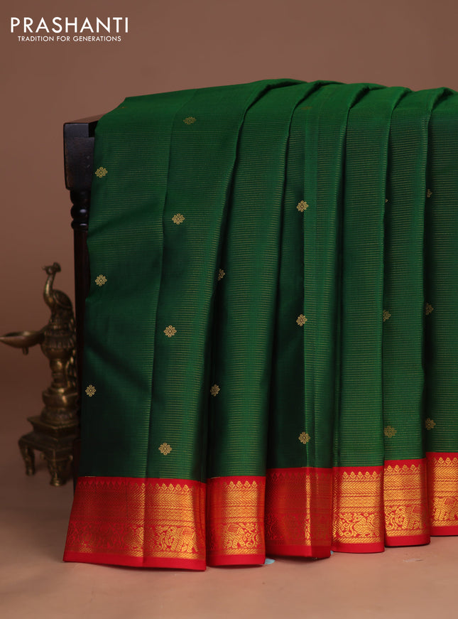 Pure kanchipuram silk saree green and red with allover zari weaves & buttas and zari woven korvai border