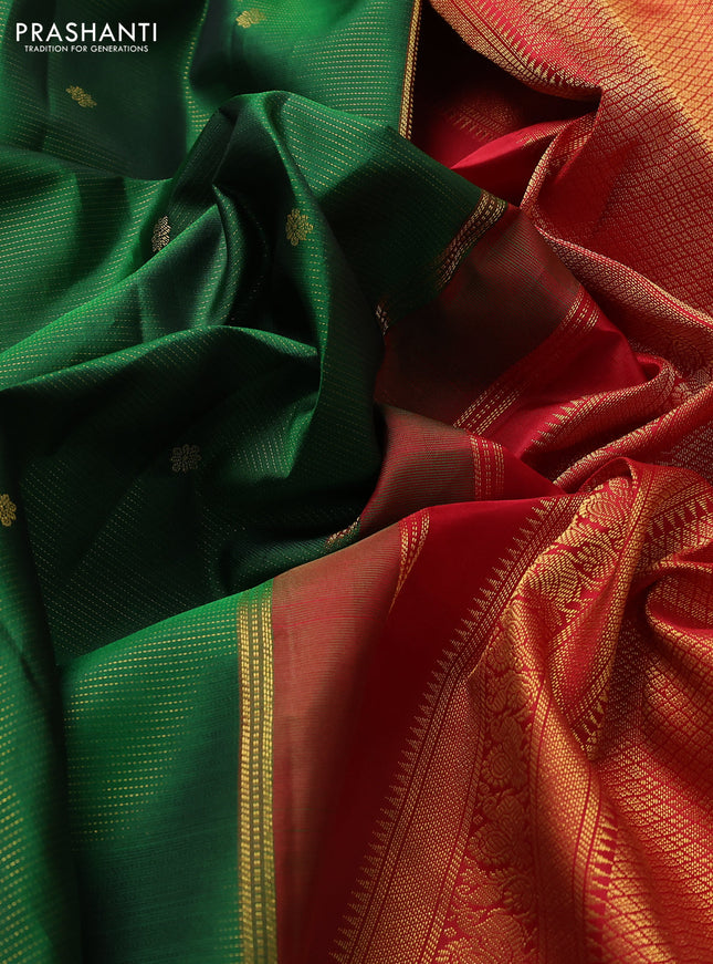 Pure kanchipuram silk saree green and red with allover zari weaves & buttas and zari woven korvai border