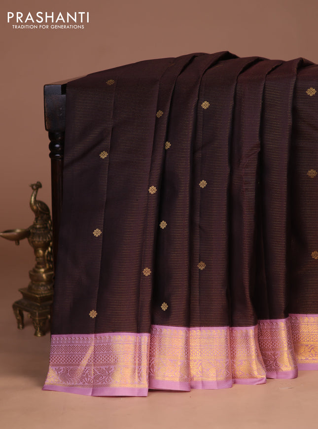 Pure kanchipuram silk saree coffee brown and pastel pink with allover zari weaves & buttas and zari woven korvai border