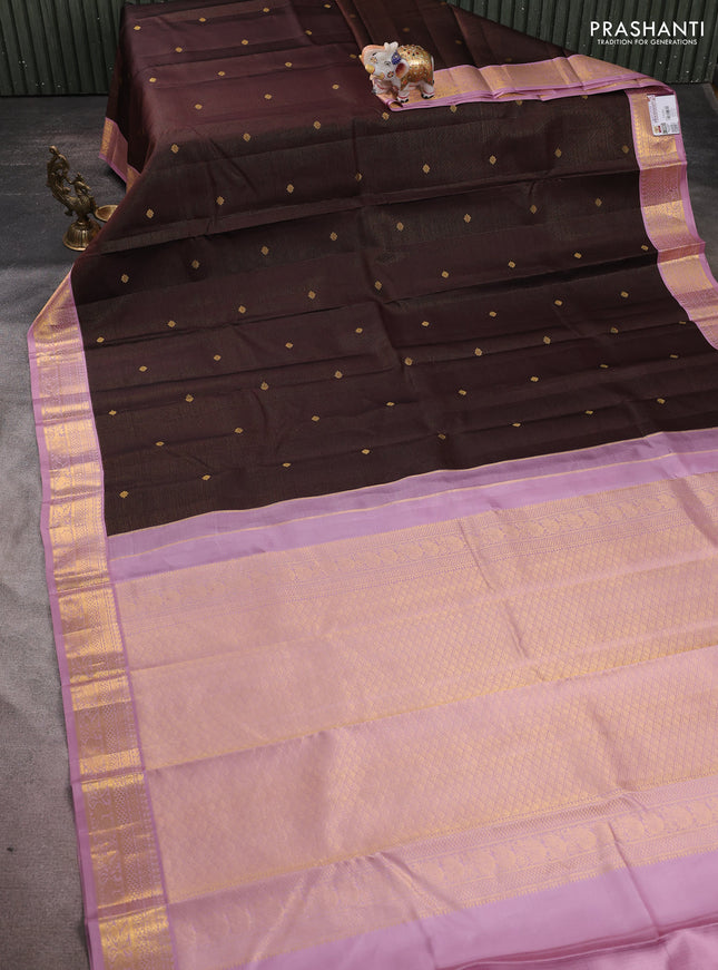 Pure kanchipuram silk saree coffee brown and pastel pink with allover zari weaves & buttas and zari woven korvai border