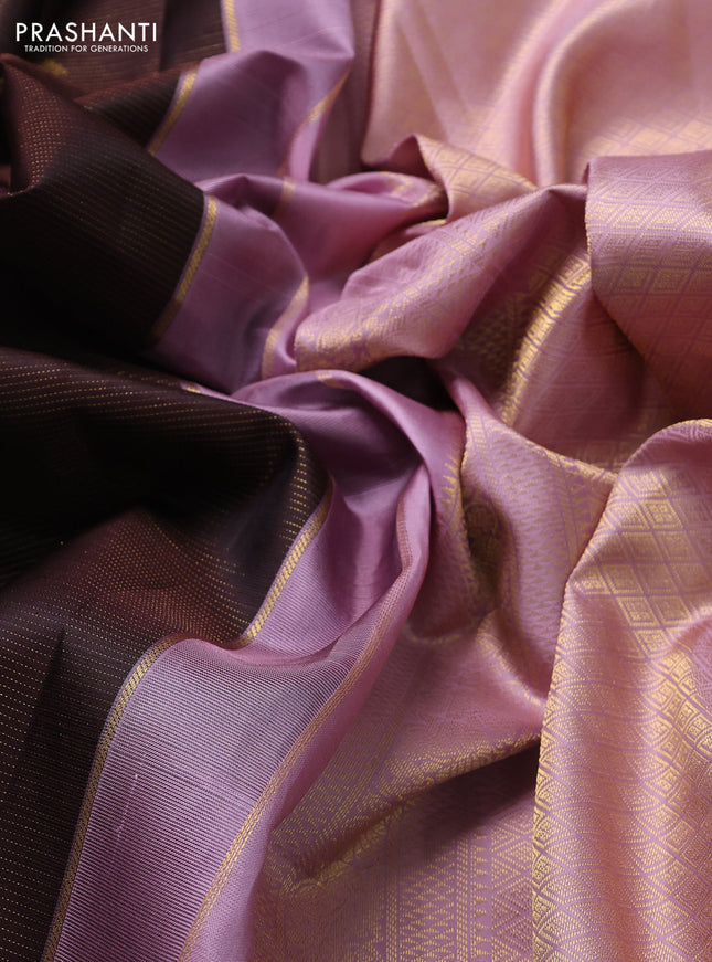 Pure kanchipuram silk saree coffee brown and pastel pink with allover zari weaves & buttas and zari woven korvai border