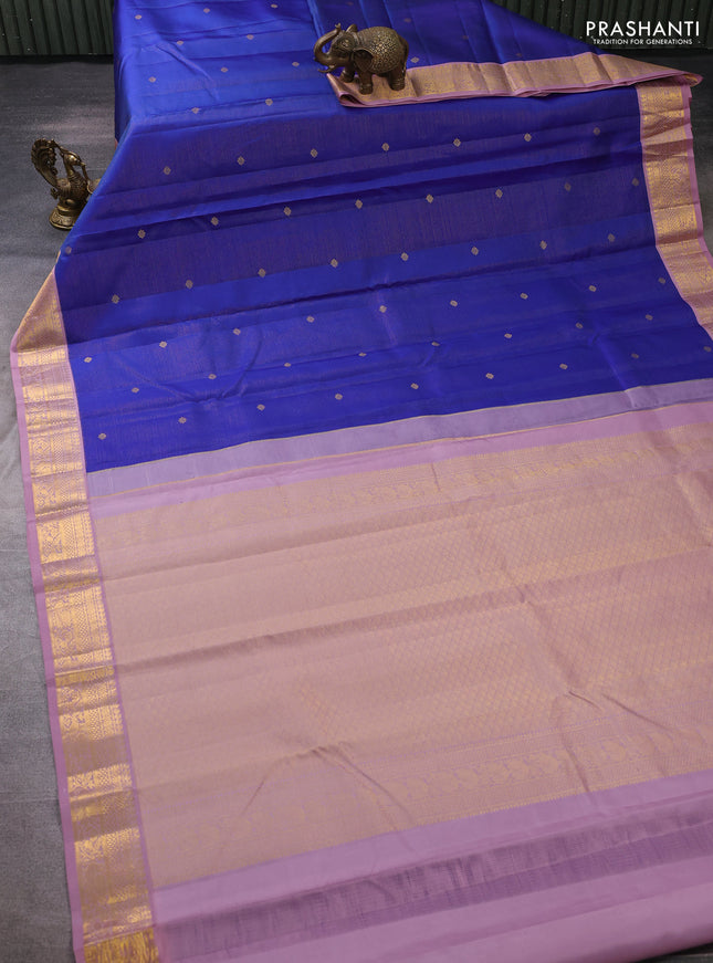 Pure kanchipuram silk saree blue and pastel pink with allover zari weaves & buttas and zari woven korvai border