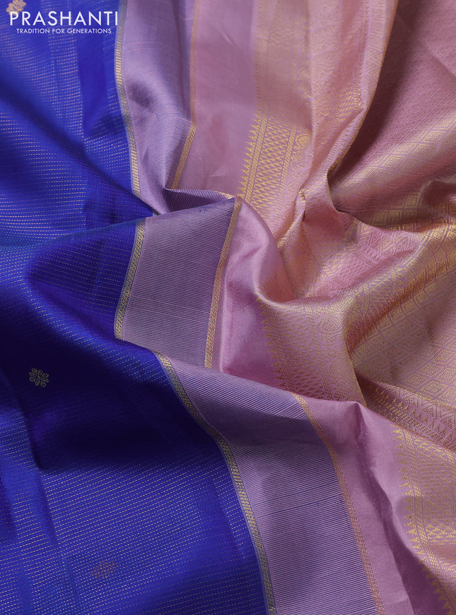 Pure kanchipuram silk saree blue and pastel pink with allover zari weaves & buttas and zari woven korvai border