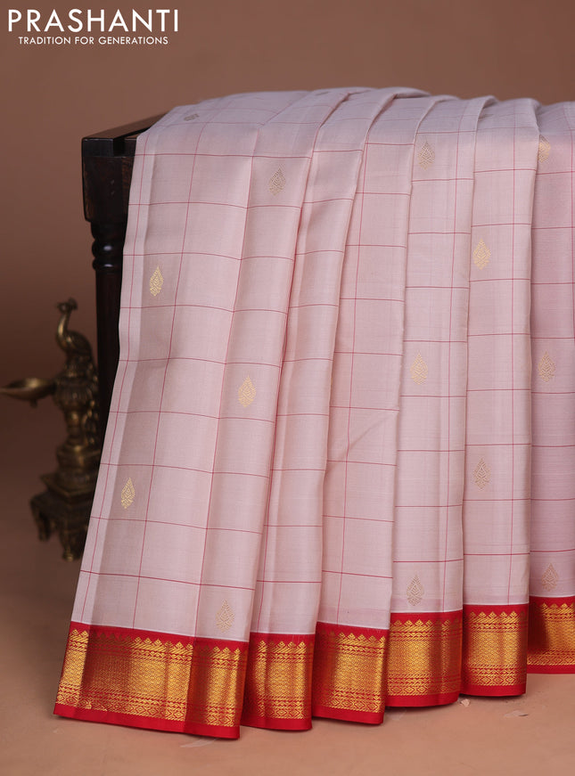 Pure kanchipuram silk saree beige and red with allover checks & buttas and zari woven korvai border