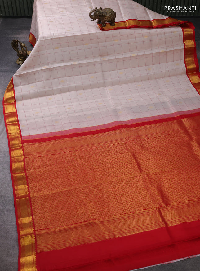 Pure kanchipuram silk saree beige and red with allover checks & buttas and zari woven korvai border
