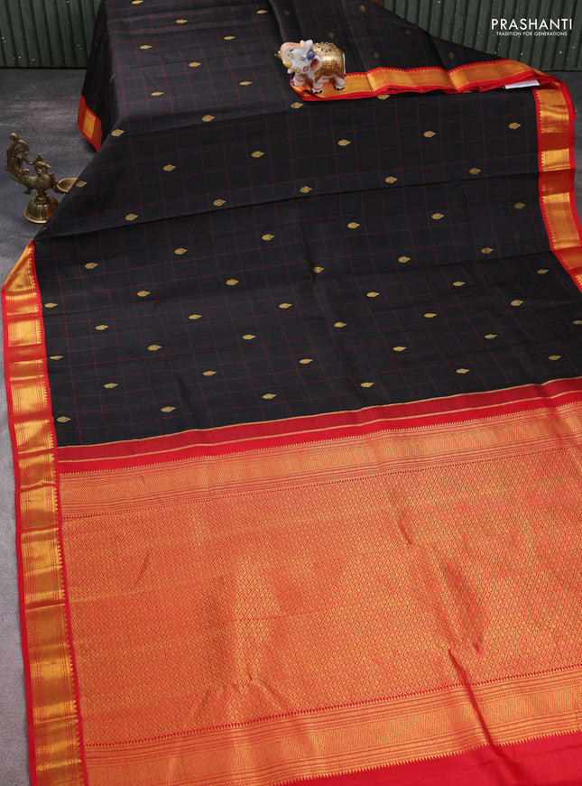 Pure kanchipuram silk saree black and red with allover checks & buttas and zari woven korvai border