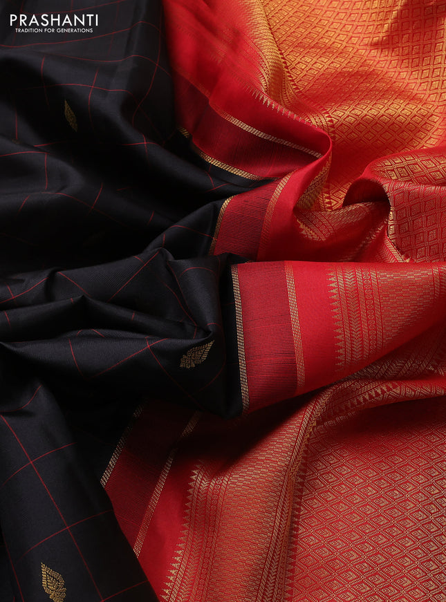 Pure kanchipuram silk saree black and red with allover checks & buttas and zari woven korvai border