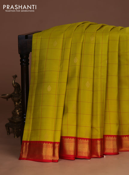 Pure kanchipuram silk saree lime yellow and red with allover checks & buttas and zari woven korvai border