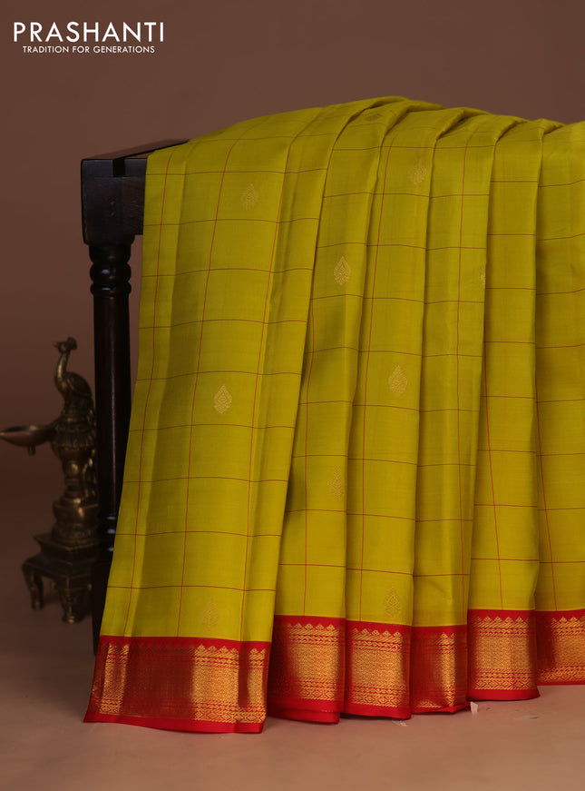 Pure kanchipuram silk saree lime yellow and red with allover checks & buttas and zari woven korvai border