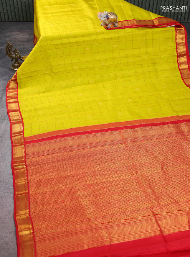 Pure kanchipuram silk saree lime yellow and red with allover checks & buttas and zari woven korvai border