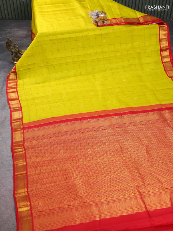 Pure kanchipuram silk saree lime yellow and red with allover checks & buttas and zari woven korvai border
