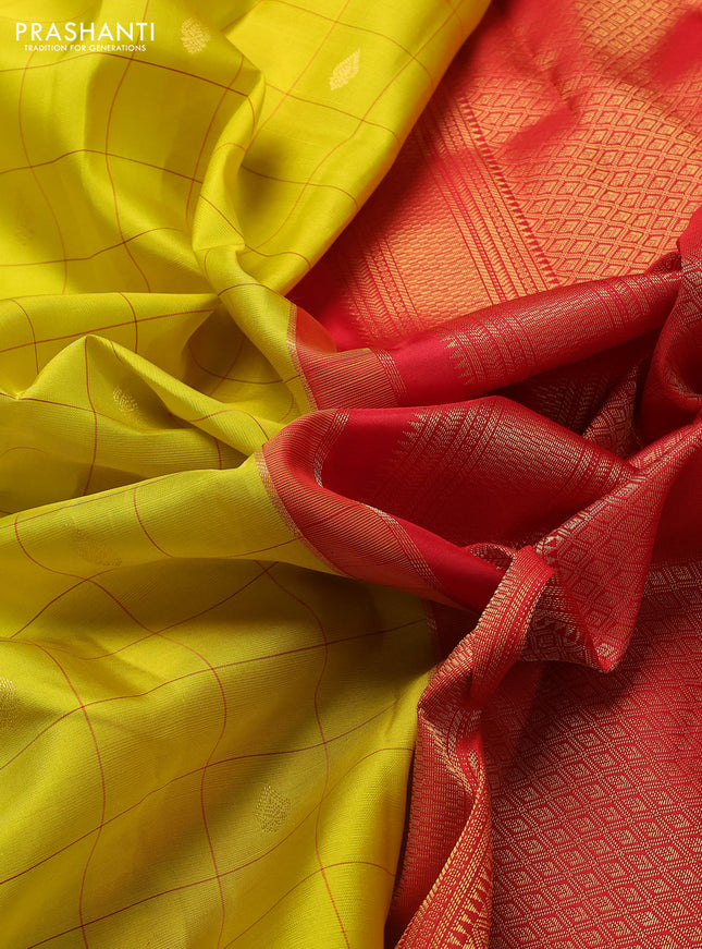 Pure kanchipuram silk saree lime yellow and red with allover checks & buttas and zari woven korvai border