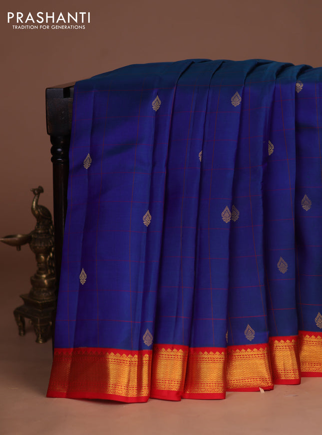 Pure kanchipuram silk saree peacock blue and red with allover checks & buttas and zari woven korvai border