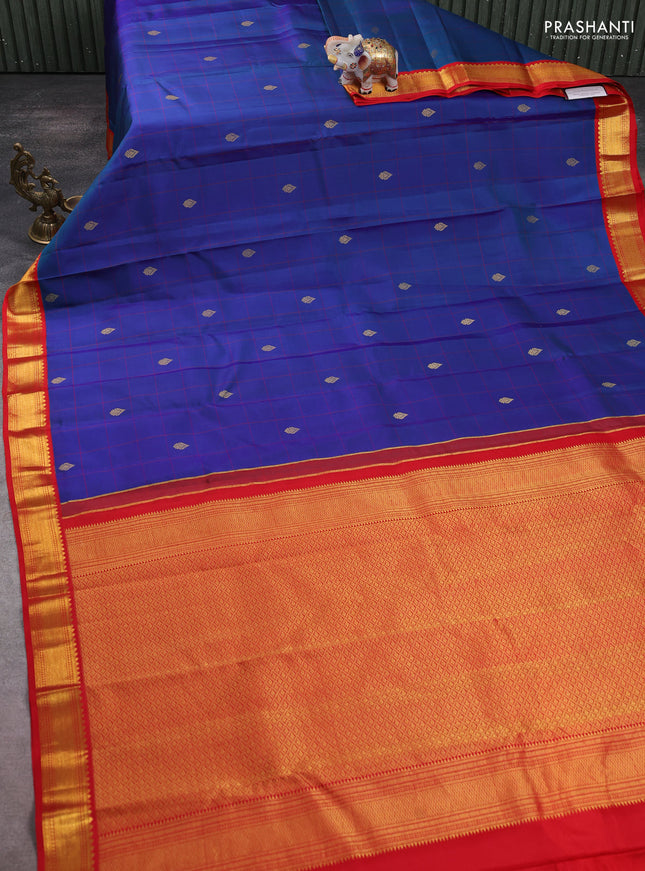 Pure kanchipuram silk saree peacock blue and red with allover checks & buttas and zari woven korvai border